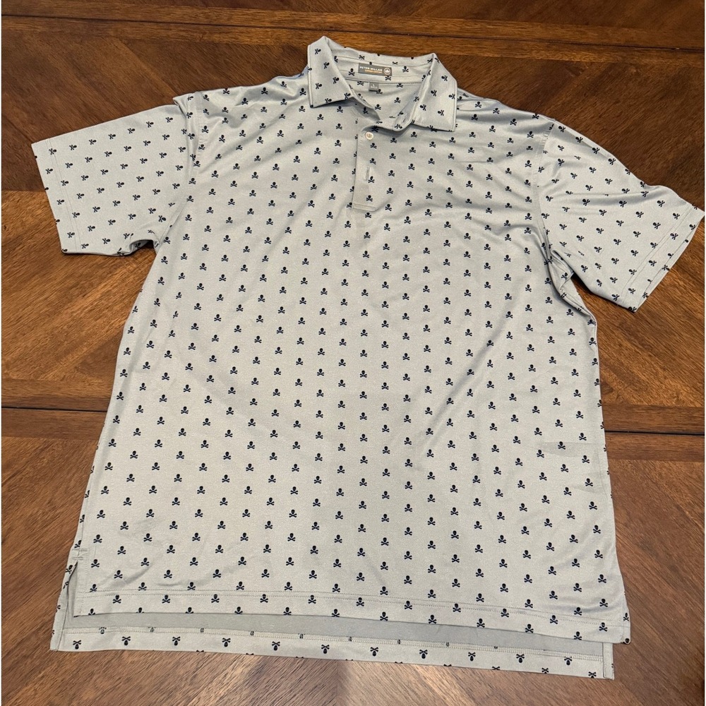 Peter Millar Summer Comfort Polo Shirt Mens Large Grey Skull Crossbones Golf L
